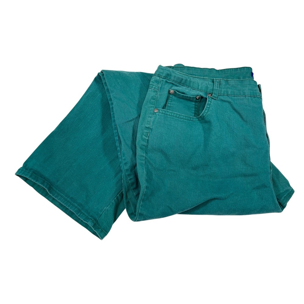 Kim Rogers 18W Green Denim Pants Straight Leg High Rise Stretch Classic Preppy